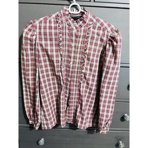 Vintage Carreau Western Ruffle Red Plaid Shirt SMALL EUC